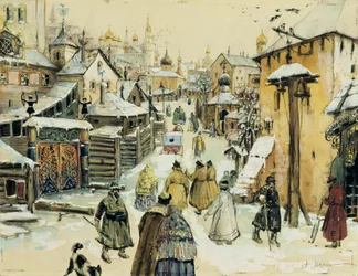 Una calle de Moscú del siglo XVII cerca del Kremlin